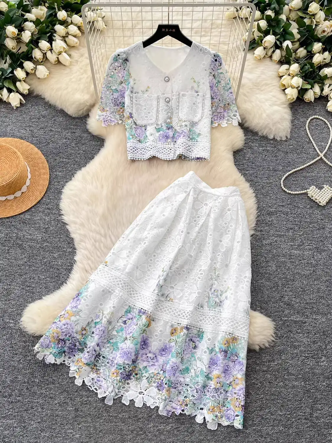 

Summer Women's French Sweet Lace Half Skirt Set New Fashionable Embroidered Short Top High Waist Half Skirt Lace Two Piece Set