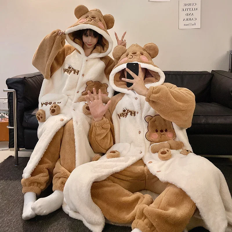 Winter Women Robe Pajamas Men Sleepwear Kigurumis Lovely Bear Couple Coral Velvet Nightie Long Plush Hooded Thick Robe Suit