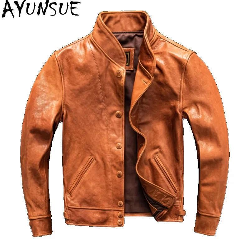

AYUNSUE Vintage Men Genuine Leather Jacket Shawl Collar Top Layer Goatskin Real Leather Coat Heavy Washed Short Leather Jackets