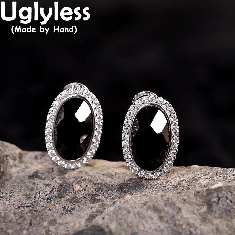 Uglyless Sexual Cold Wind Full Black Agate Studs Earrings for Women Marcasite Oval Gemstone Brincos Real 925 Silver Cool Jewelry