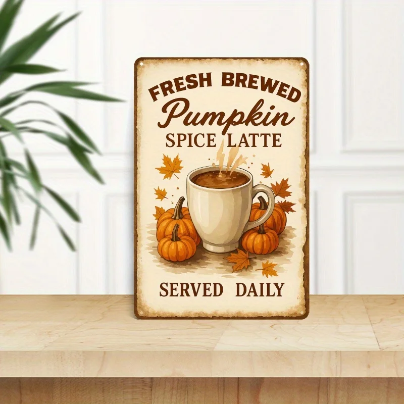 2D Flat Metal Sign | Pumpkin Spice Coffee Wall Art with Autumn Leaves & Coffee Cup Design, Rustic Iron Home Deco