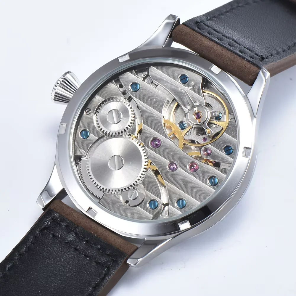 Corgeut ST3600 44mm Hand-wound mechanical watch men's hand-wound Glass custom watch leather strap dial luminous waterproof watch