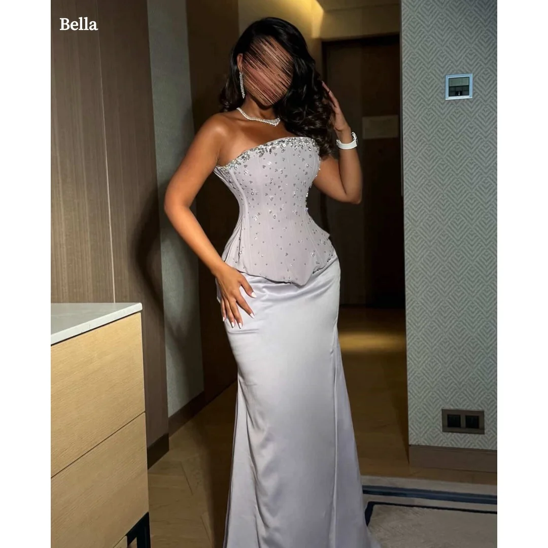 

Bella Customized Light Gray Strapless Rhinestone Corset Satin Fitted Mermaid Elegant Evening Party Dresses robes de soirée 2025