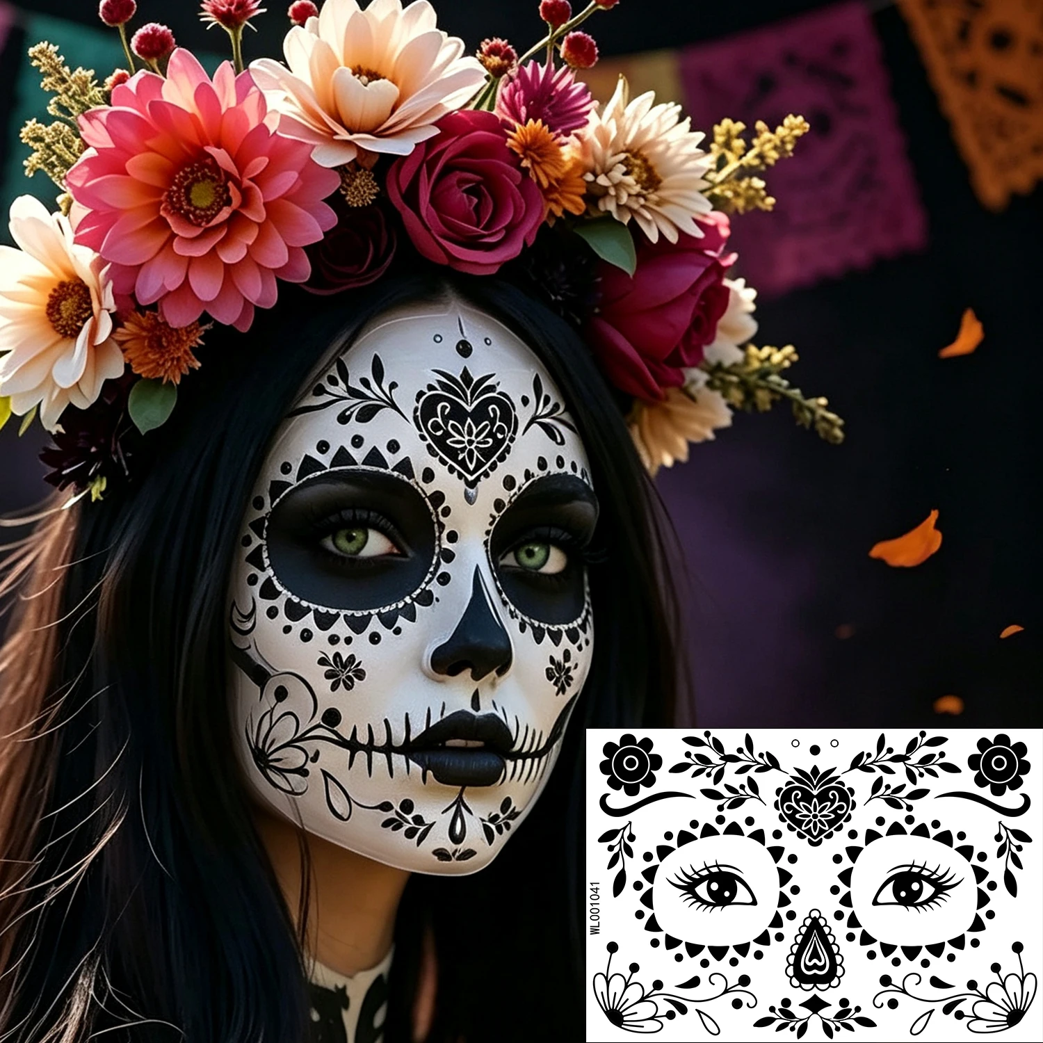 12 Stück gruselige temporäre Halloween-Gesichtstattoos mit schwarzem Muster für den Tag der Toten, Halloween-Make-up – Detail 5