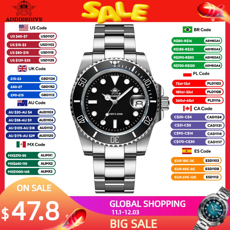 ADDIESDIVE Men's Quartz Watch 41mm Ceramic Bezel Retro Luminous Fashion Sports Watches 200m Waterproof Stainless Steel Watches