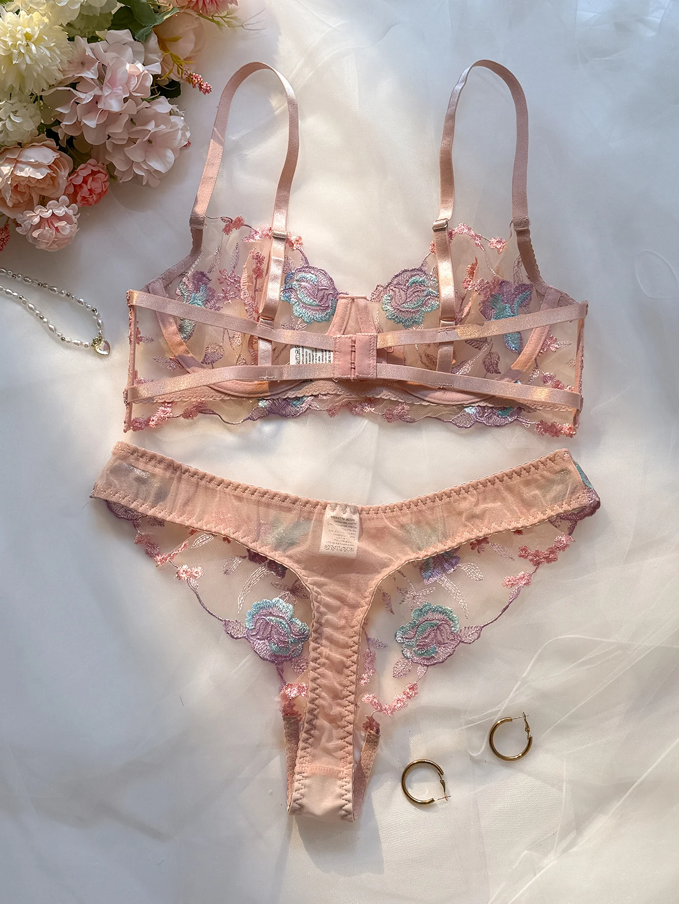 Sweet Pastel Pink Embroidered Ladies' Bra And Panties Set with Steel Ring Support Upper Cup Thin Seamless Daily Underwear image 5