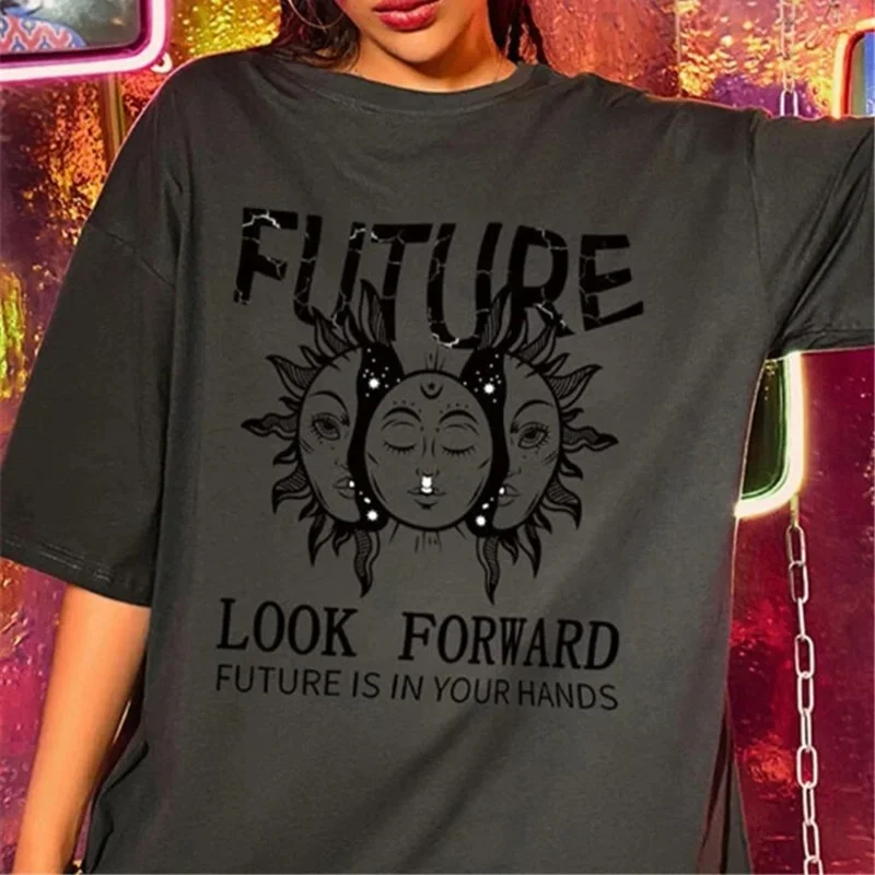 Summer Fashion O-neck Short Sleeve Tops Letter Head Portrait Loose Casual Pullover Chic Tees Black Unique Printed Women T-shirts
