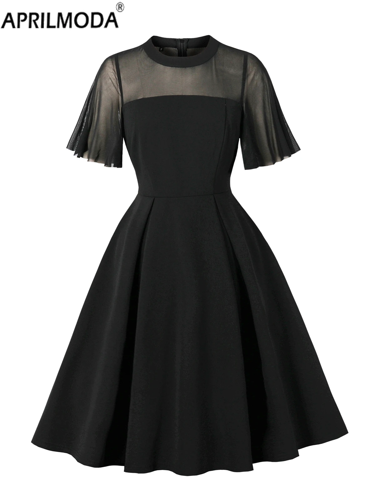 2025 Mesh Black Red Patchwork Elegant Sheer Midi Short Swing Dresses Birthday Prom Party Banquet Women Plain Vintage Swing Dress