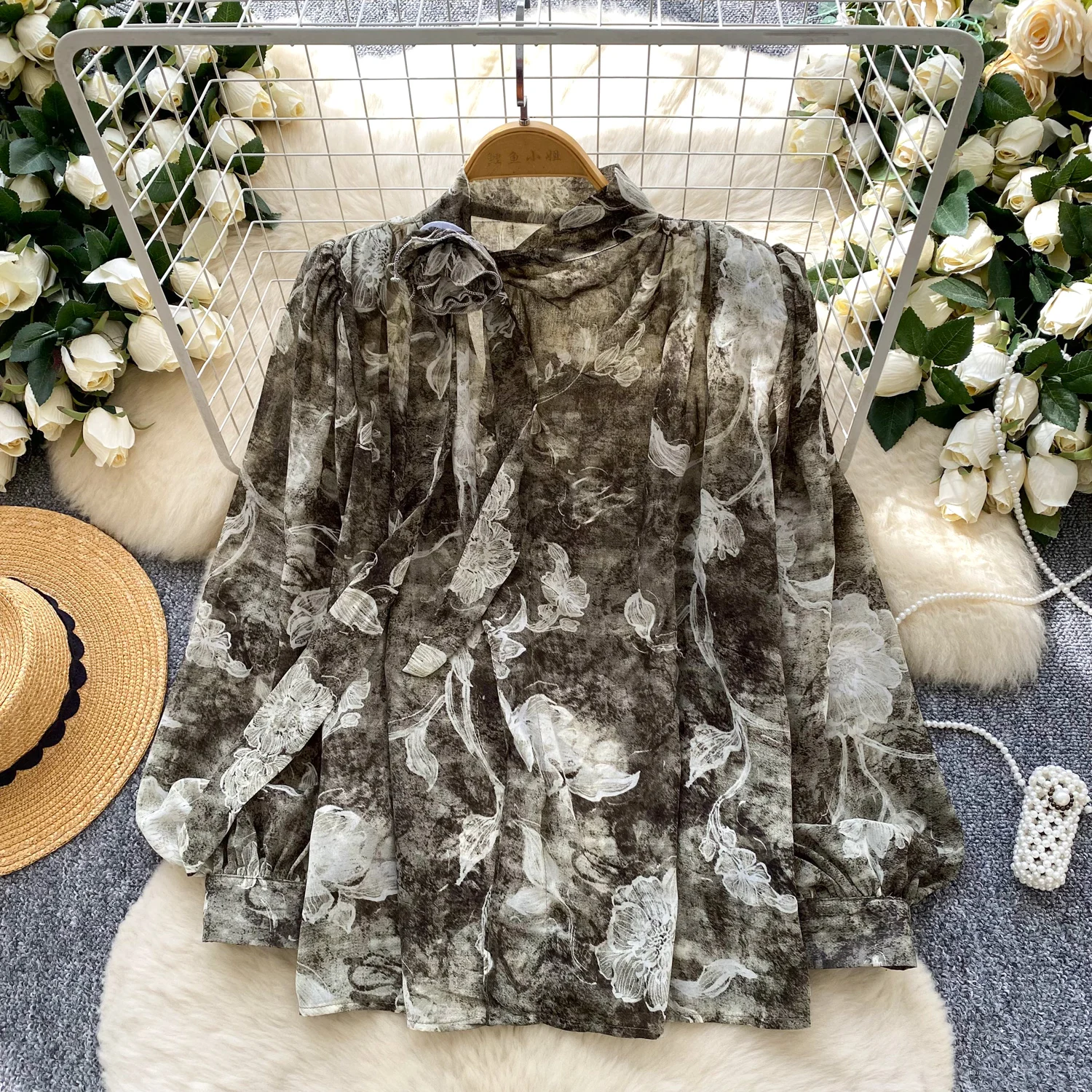 

Элегантный сексуальный свободный топ с длинными рукавами и цветочным принтом, женская корейская модная осенняя уличная одежда