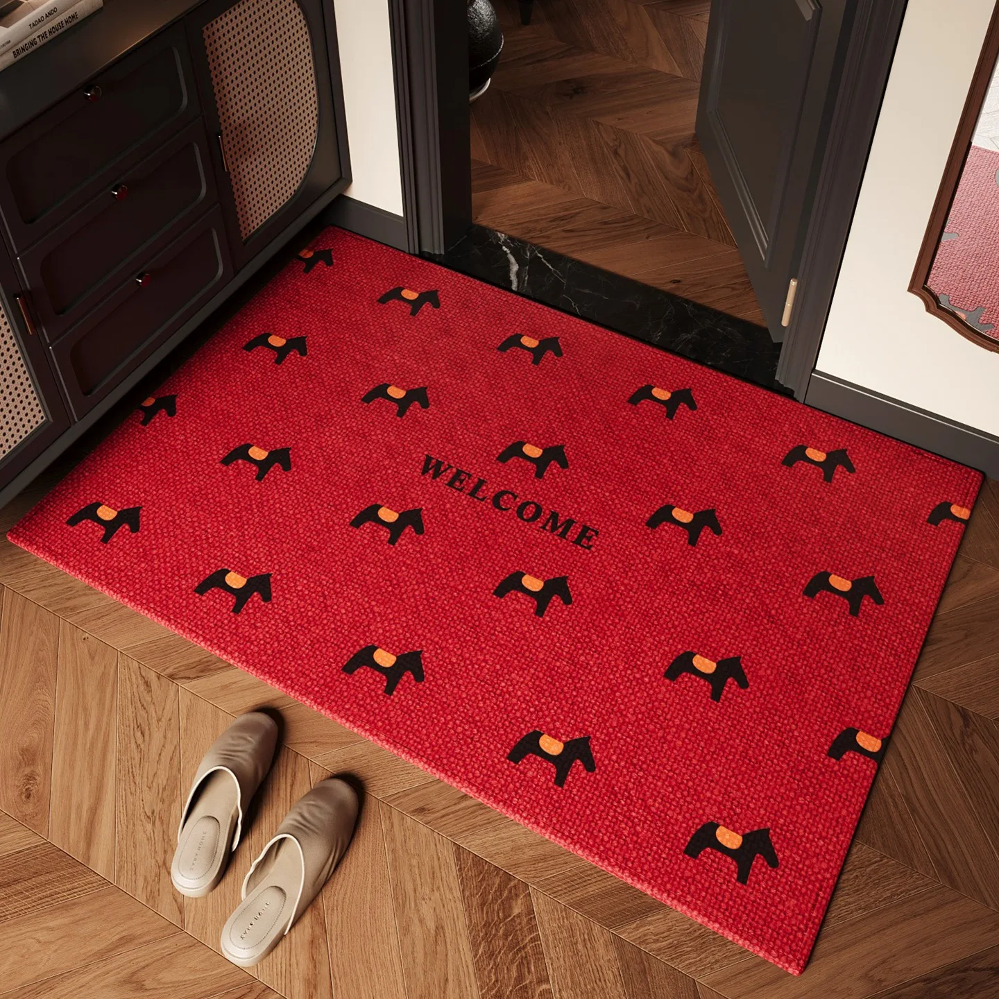 Felpudo de bienvenida con bonito diseño de caballo, felpudo rojo para puerta delantera, antideslizante, para interior y exterior, para entrada, trampero de suciedad, regalo de decoración del hogar