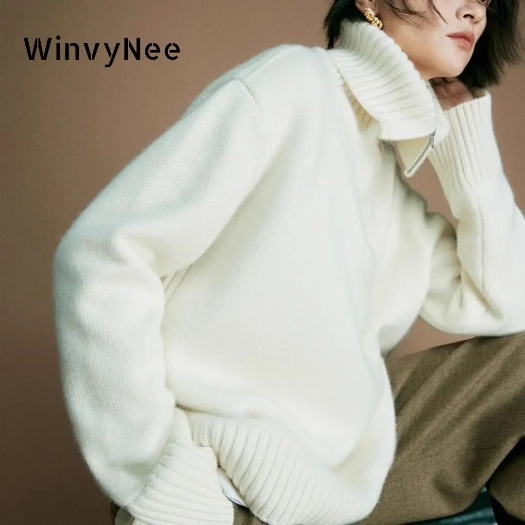 WinvyNee Winter Women Merino Wool White Sweater High Collar with Zip Loose Casual Thick Pullovers Outerwears Oversize A1283001A