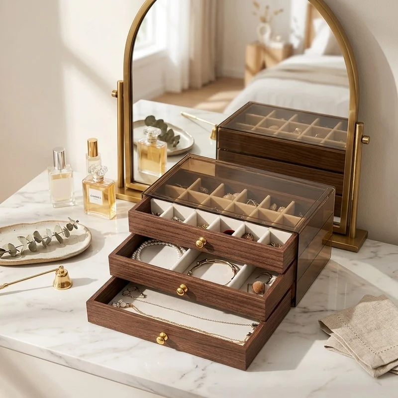 Multi Layer Wooden Jewelry Box with Transparent Window Jewelry Storage Case Organizer for Rings Necklace Bracelet Earrings