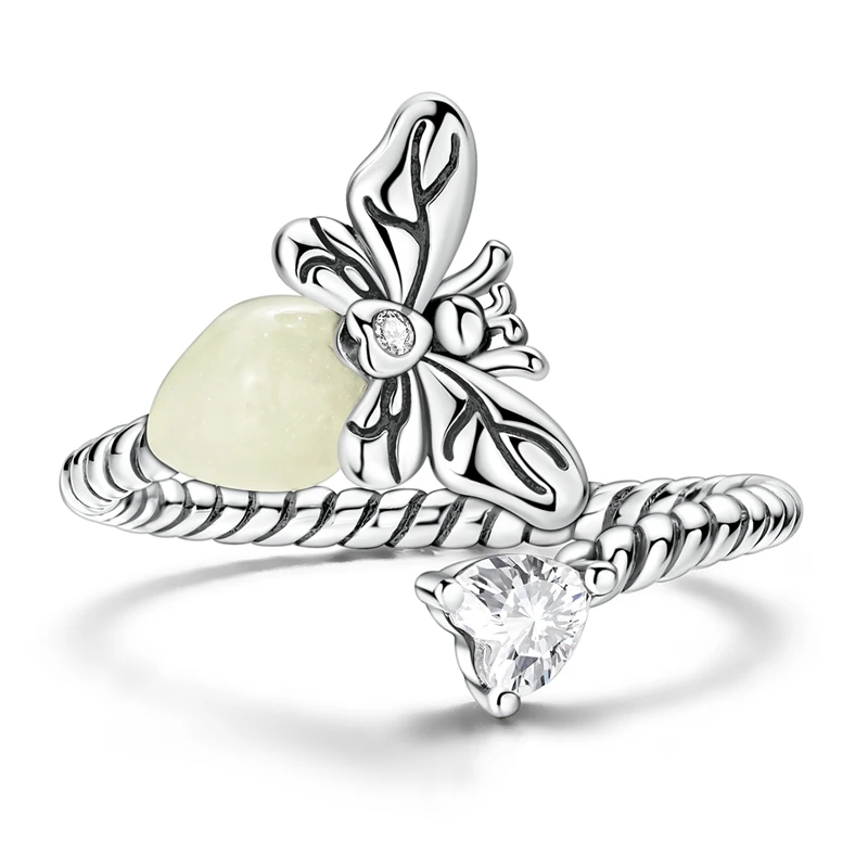 925 Silver Glow in The Dark Firefly Open Ring Luminous Stone Adjustable Ring for Women Daily Party Anniversary Jewelry Gift