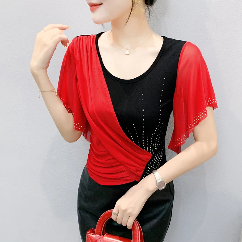 2025 Summer Women's Mesh Top: Color-Block Design with Lace Trim & Rhinestone Details – Trendy Short Sleeve T-shirts