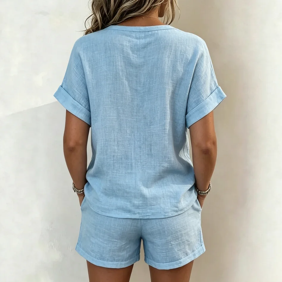 2026 Neues Europäisch-Amerikanisches Damen-Zweiteiler-Set, Lässiges Einfarbiges V-Ausschnitt Kurzarm-Oberteil & Shorts mit Elastischem Bund – Detail 4