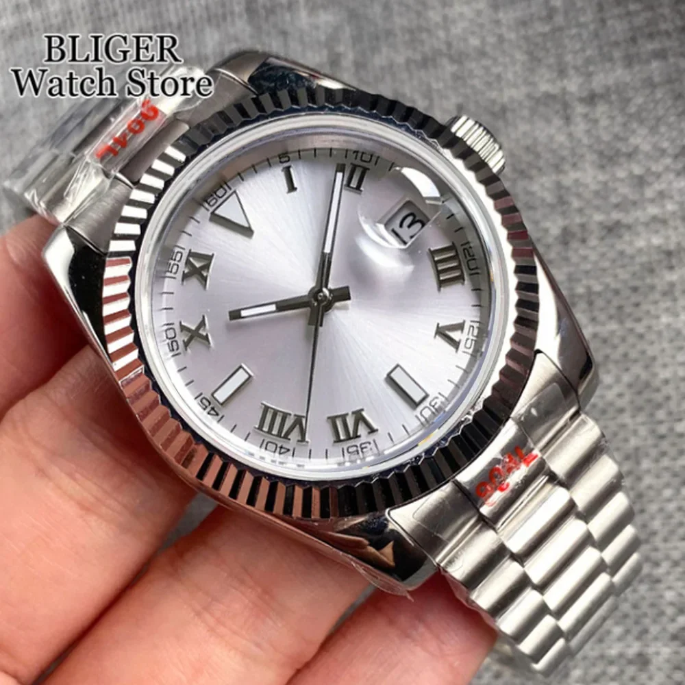 

36mm 39mm Fluted Bezel NH35A Automatic Men Watch Silver Grey Dial Roman Numbers Steel Bracelet Sapphire Glass Screw Crown