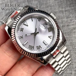 36mm 39mm Fluted Bezel NH35A Automatic Men Watch Silver Grey Dial Roman Numbers Steel Bracelet Sapphire Glass Screw Crown