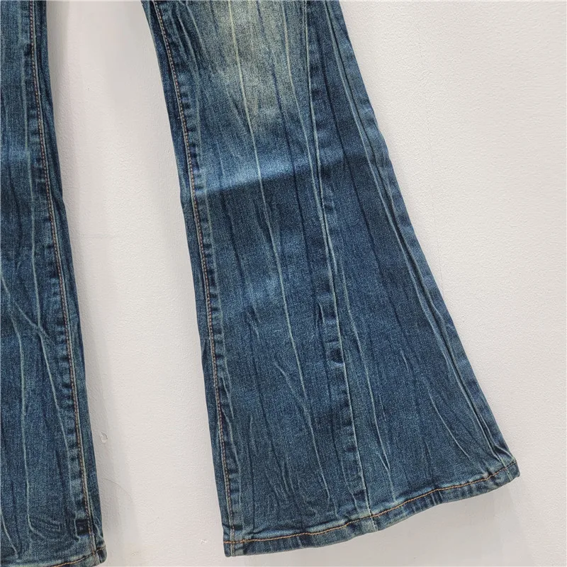 Americano cintura baixa queimado jeans para mulheres outono lavado angustiado fino ajuste calças jeans moda retro laço apliques calças