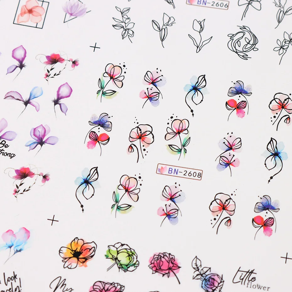 12 PCs Ink Flowers Nail Art Sticker Summer Water Decal Blooming Flowers Leaves Graffiti Slider Nail Decoration Foils Tattoo