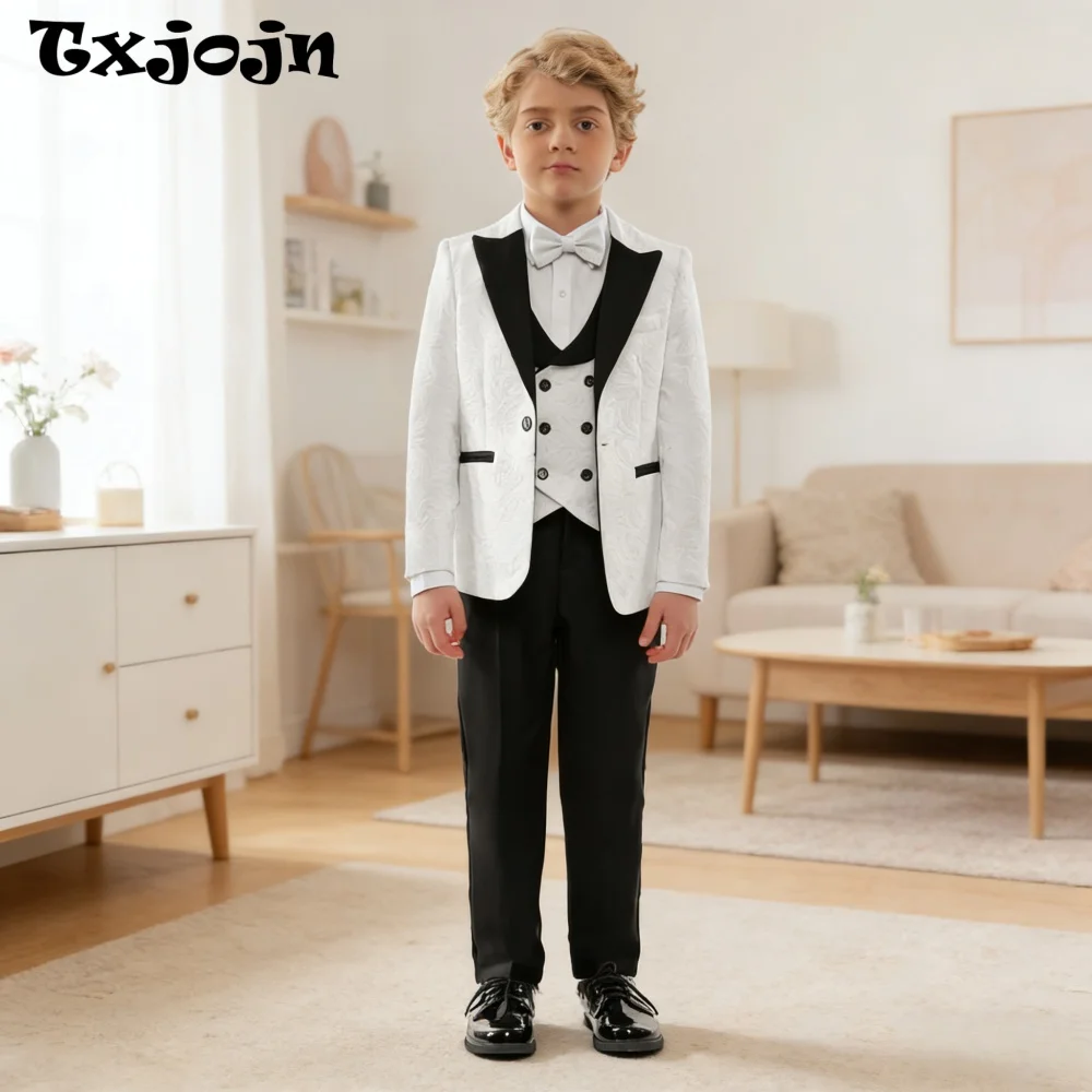 

2026 New Formal Black Jacquard Suit Set 4 Pieces Wedding Ring Bearer Outfit Handsome Peak Lapel Suits For Birthday Party 3-14T
