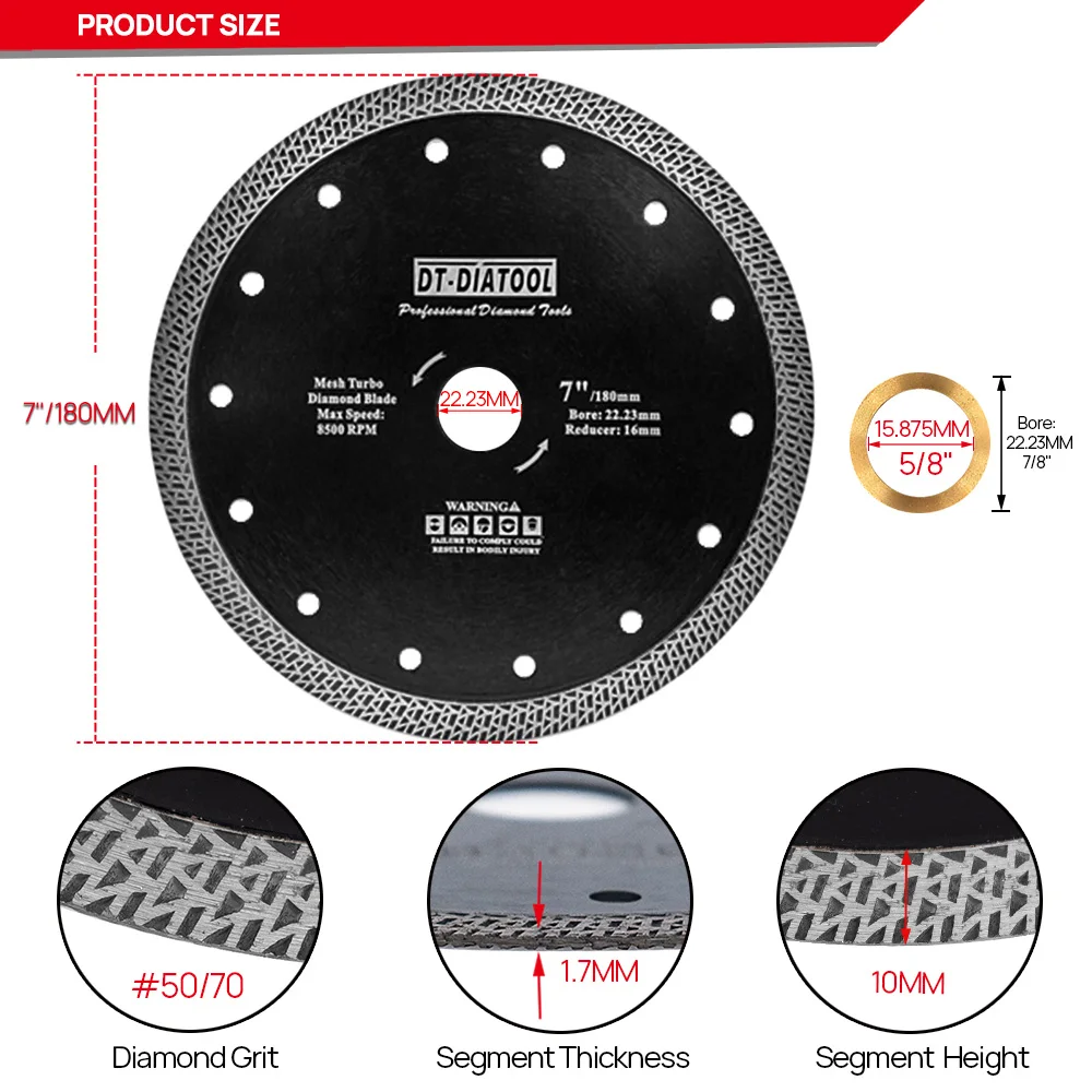 Diatool 1pc Dia 7inch 180mm Diamond Saw Blade Mesh Turbo Cutting Disc Wheel  For Hard Stone Granite Tile Marble Masonry Plate