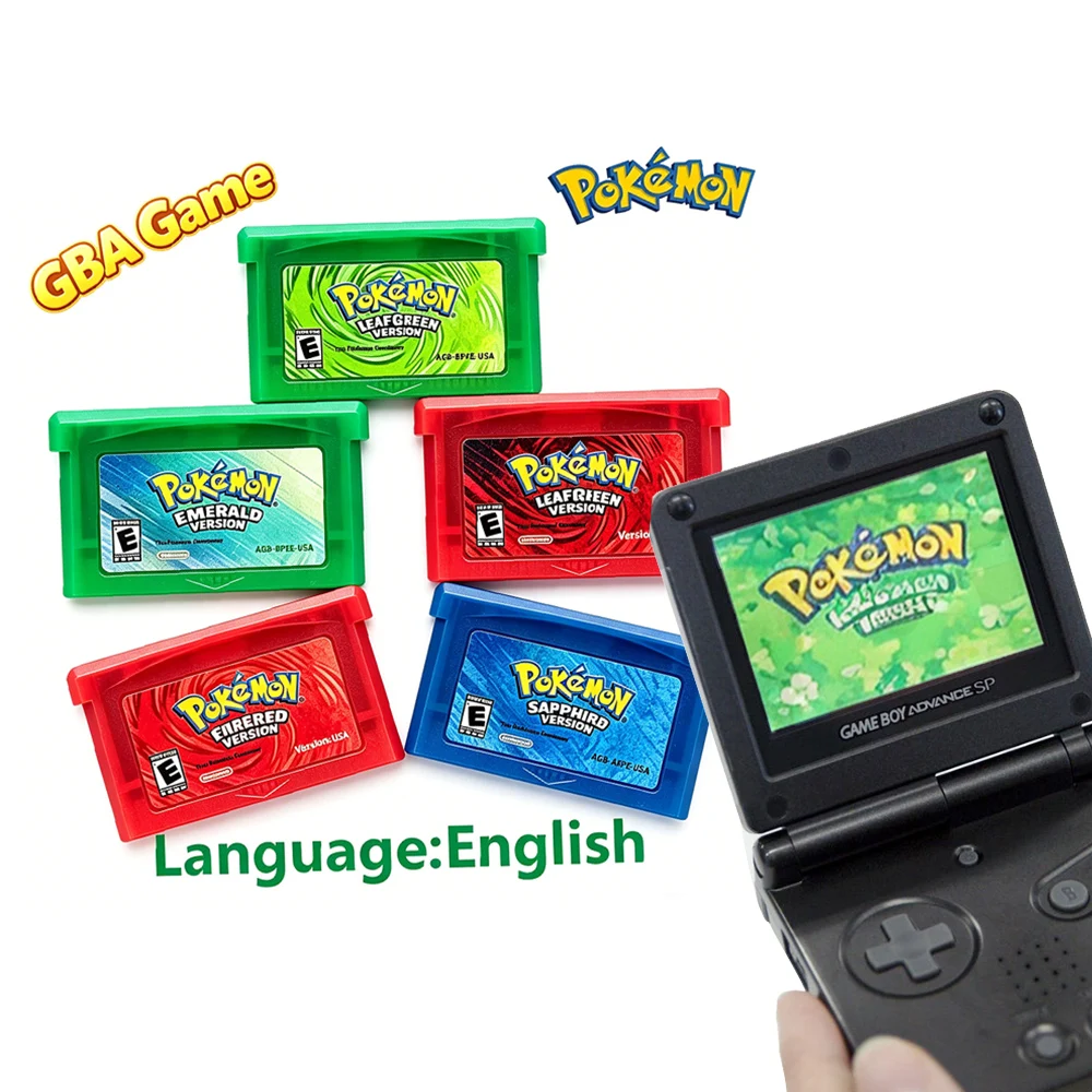 

32 Bit Pokemon GBA Game Cartridges Set Ruby Sapphire Emerald Fire Red Leaf Green Retro Gaming