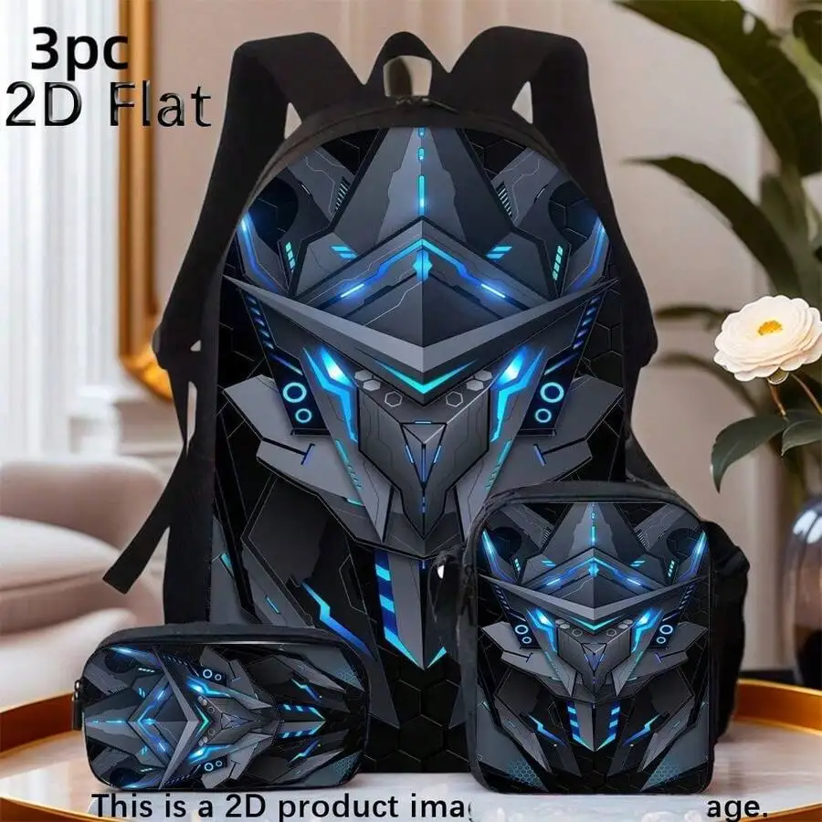 3pcs Polyester Backpack Set Futuristic Mecha Robot Mask Graphic Includes Durable Large-Capacity Bookpack & Insulated Lunch Bag & Multi-Functional Pencil Case, Adjustable Strap And Zipper Compartments For School Travel Daily Use