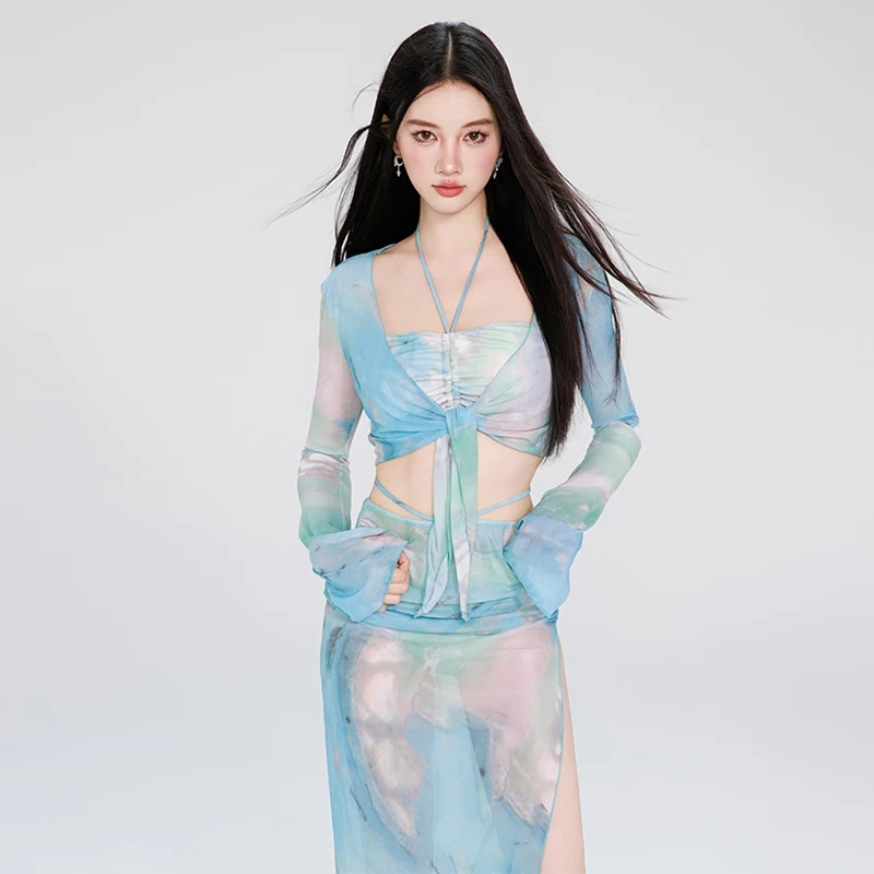 Fashion Tie-Dye Gradient Women Swimwear Sexy Halter Lace Up 4 Piece Cove Up Bikini Sets Korean High Waist Beach Bathing Suit