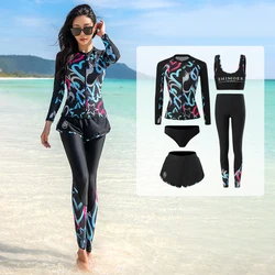 Long Sleeve Pants Rash Guard Women Printed 5 Pieces Swimsuit Zipper Swimwear Bathing Suits Surfing Couples Men 3 Piece 2023 New