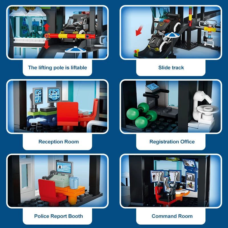 ตัวต่อบล็อกสถานีตำรวจเมือง 2 สี พร้อมเรือนจำ SWAT รถเฮลิคอปเตอร์ ตัวต่อตำรวจ ของเล่นเมืองสำหรับเด็ก ของขวัญ
