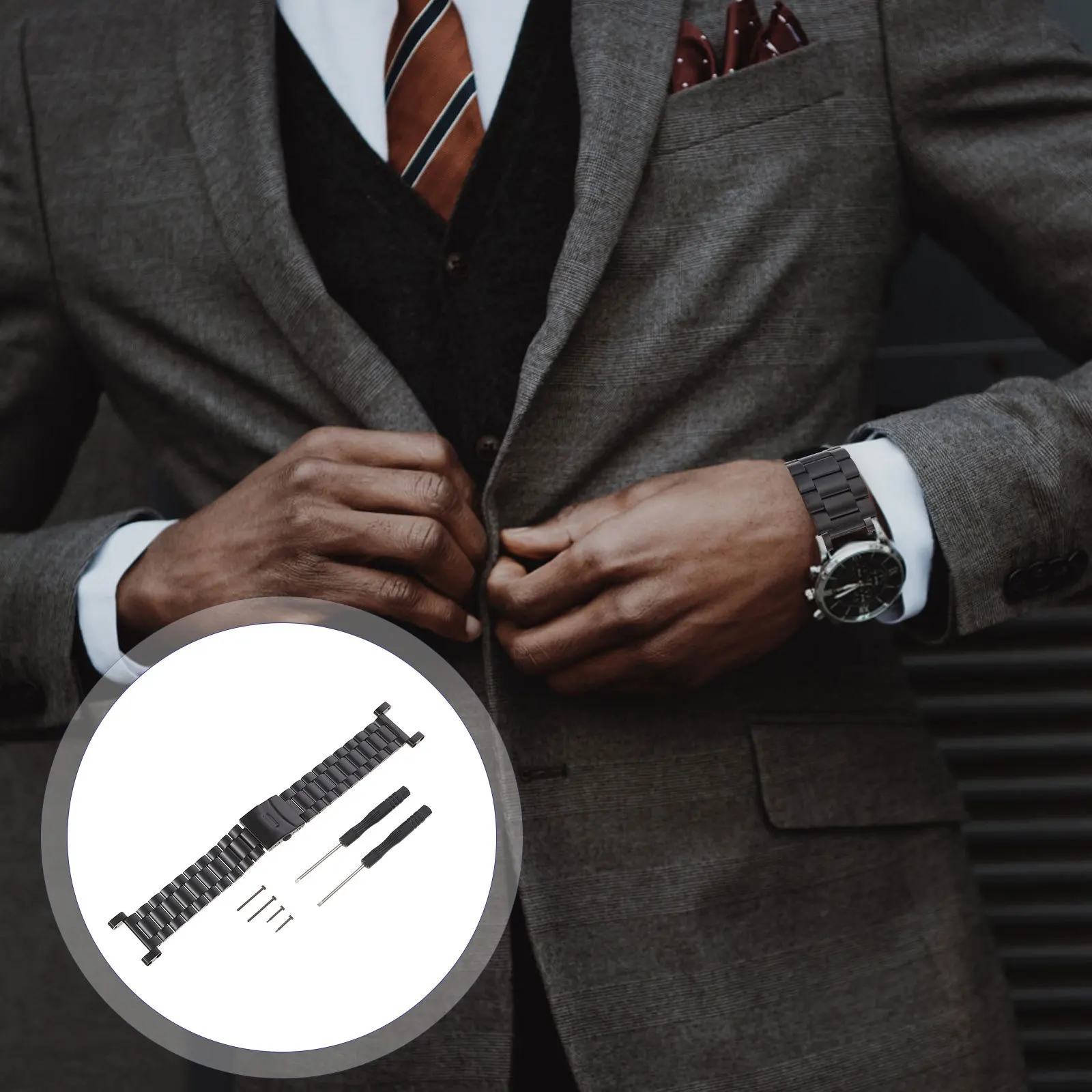 

Black Stainless Steel Watch Band Expansion Strap Replacement Compatible Core Fashion Stylish Wristband Watch Band