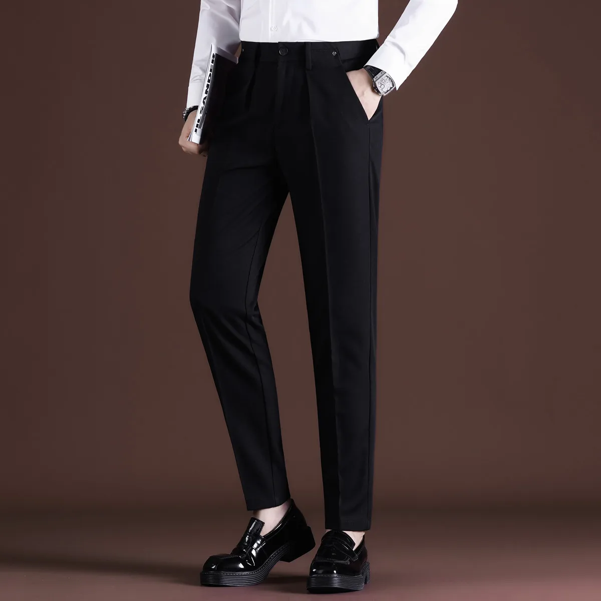 กางเกงกันรอยพับฤดูใบไม้ร่วง-ฤดูหนาว |   Tailored Slim Leg เอวยืดได้ กางเกงทรงสลิมผู้ชาย 9 จุด ใหม่สําหรับฤดูใบไม้ร่วงและฤดูหนาว