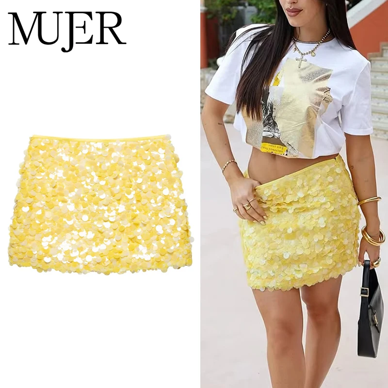MUJER Yellow Sequin Mini Skirt Woman High Waist Women's Skirt Cylinder Luxury Short Skirts for Women Glitter Summer Skirt Women