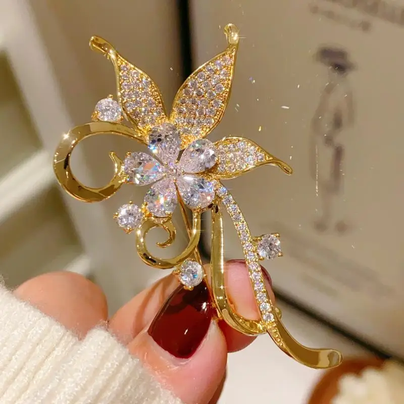 Fashion Rhinestone Bauhinia Flower Brooch for Women Elegant Clothing Coat Accessory Jewelry Gift