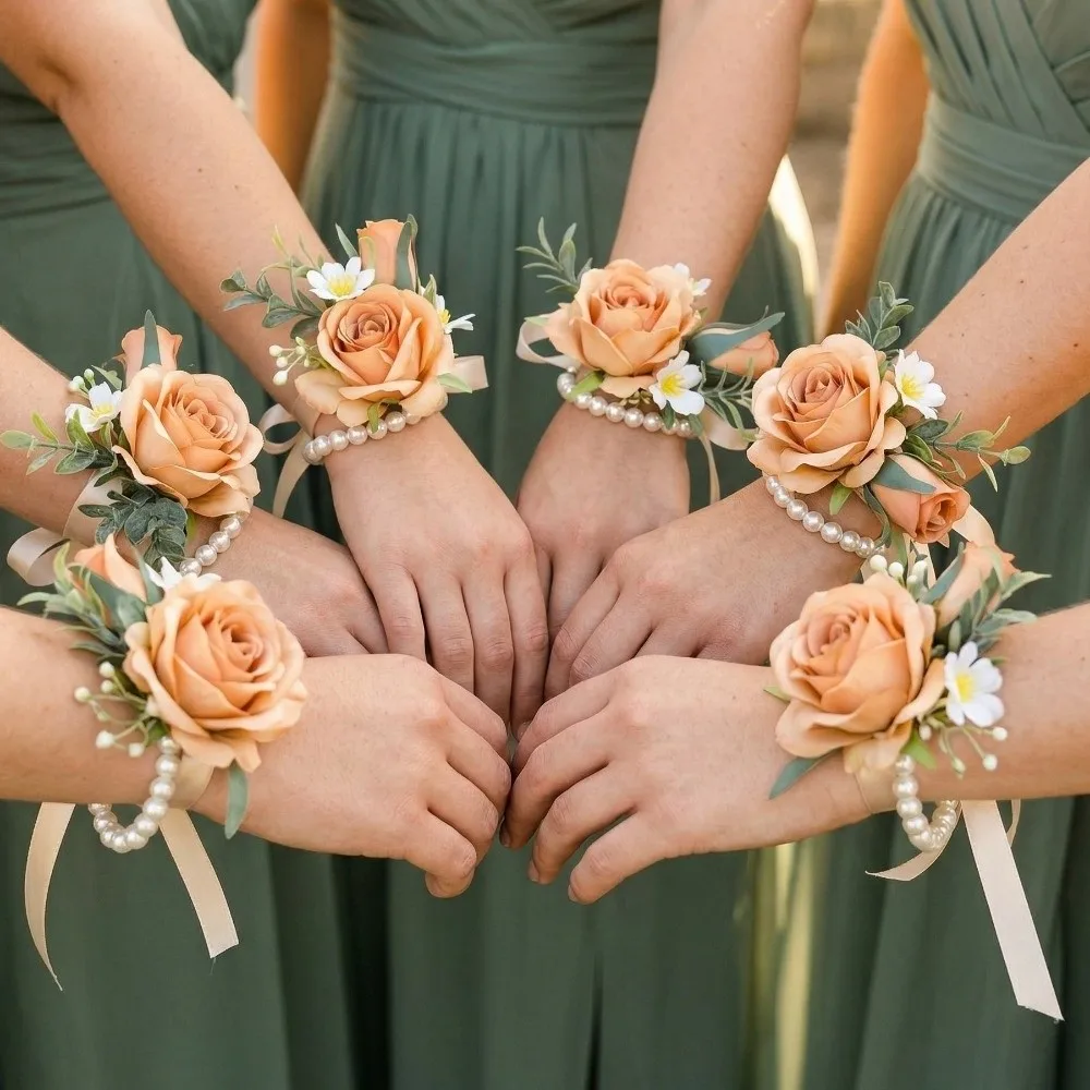 Silk Flowers Artificial Boutonnieres Flowers Pearl White Roses Classic Rose Corsage European style Luxury Wedding Wrist Corsage