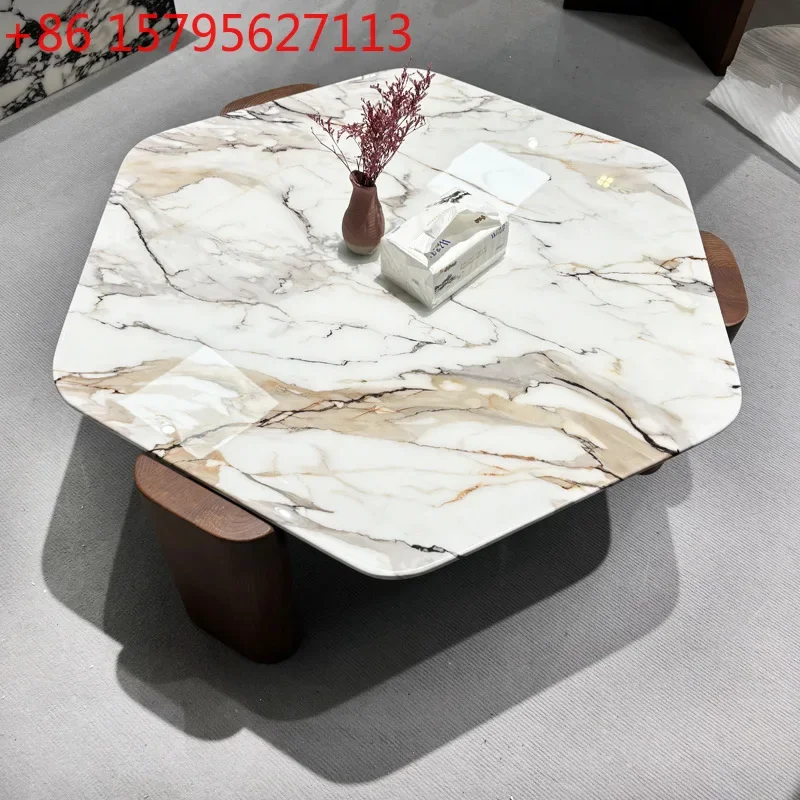 

Medieval hexagonal marble special-shaped coffee table, living room sofa side table, designer household solid wood coffee table