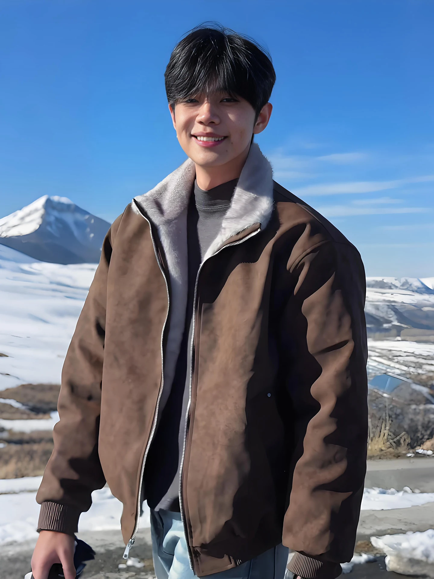 الكراميل فو الفراء بولي Leather جلد الرجال الشتاء Jaet الوقوف طوق Fce اصطف ort Sle معطف القطن الدافئة Thiened طويل Sve #1