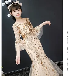 Kid luxury wedding dress children girl evening gold sequin bodycon trumpet mermaid party elegant cocktail chinese style dress