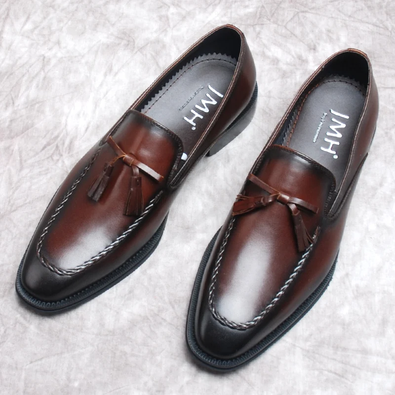 

Genuine Leather Mens Tassel Loafer Shoes Smooth Black Brown Slip On Wedding Dress Shoes Square Toe Party Formal Shoes For Men