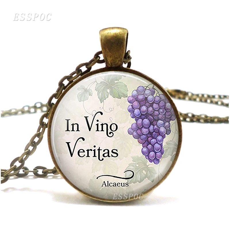 "In wein, wahrheit" In Vino Veritas zitat halskette Retro Stil Literarischen Glas trauben Foto Schmuck Anhänger wein liebhaber geschenk