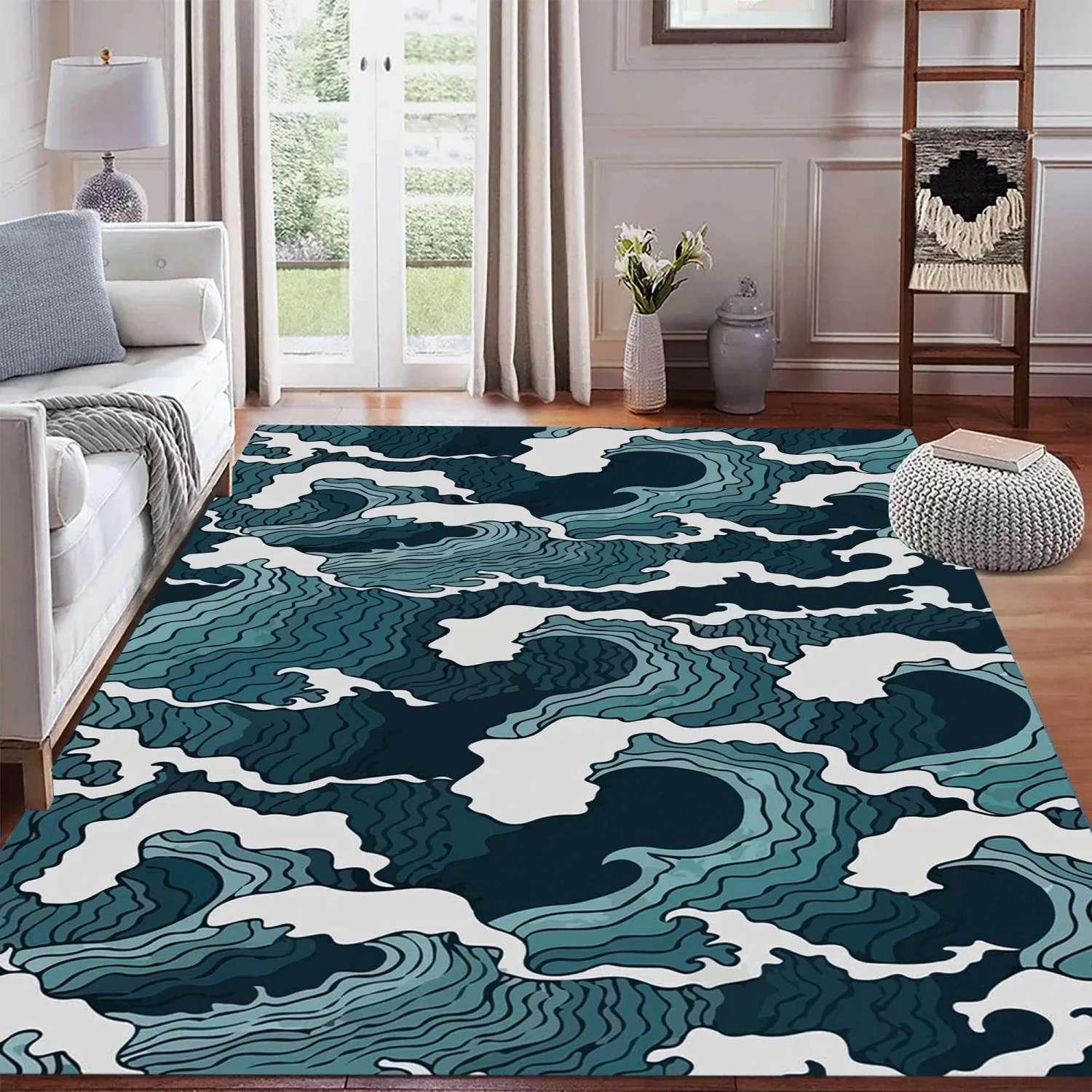 Room Decor Rug  Blue Rug with j1apanese Ocean Wave Pattern, Modern Abstract SeaThemed Design Suitable for Living Room, Bedroom, and Home DE1cor, Gift Rug