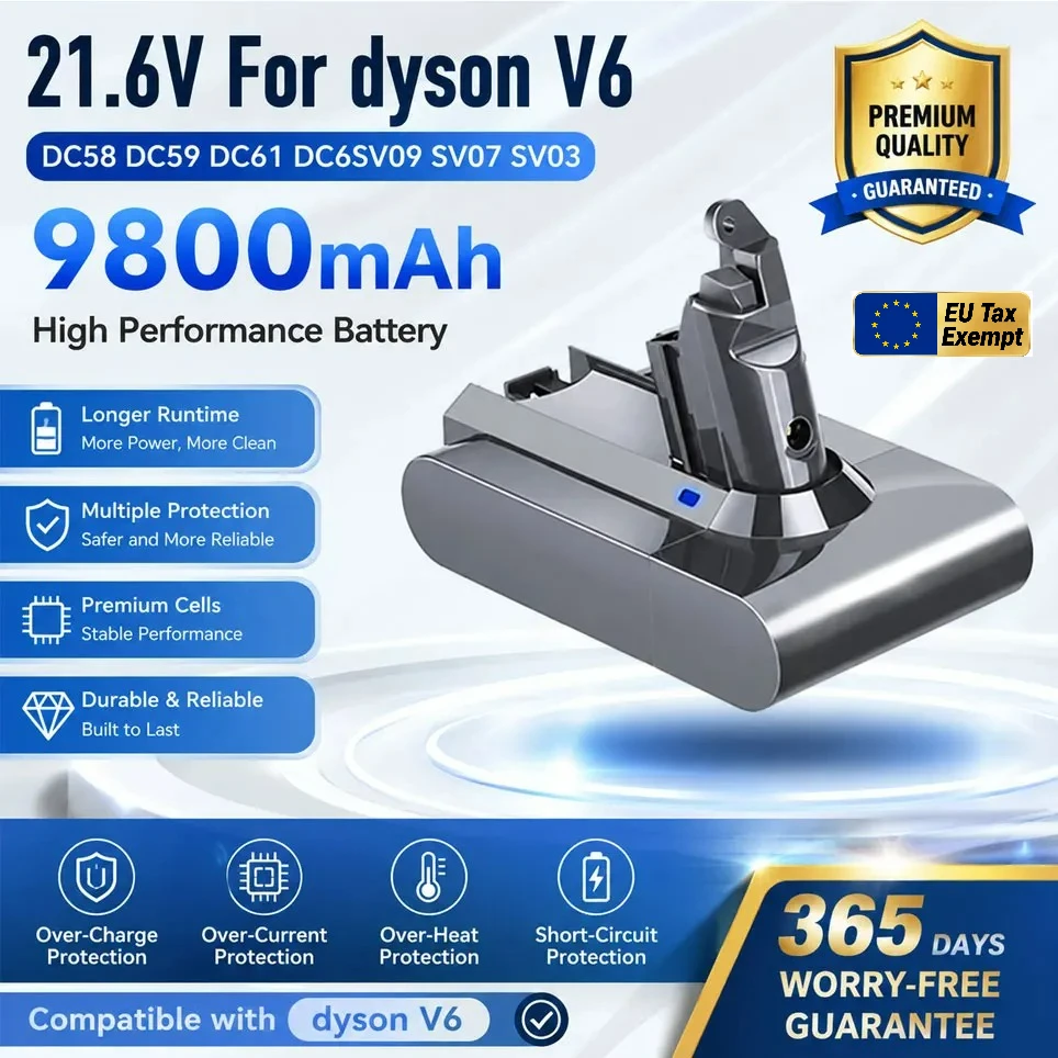 Batterie d'aspirateur 9,8ah 21.6V pour Dyson V6 DC58 DC59 DC61 DC62 DC74 SV09 SV07, batterie rechargeable Li-ion Absolute
