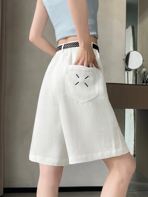 

High Waist Linen Cotton Shorts Women's Wide Leg Casual Pants A-Line Five-Pointed Summer New Style Ladies' Premium Fashion