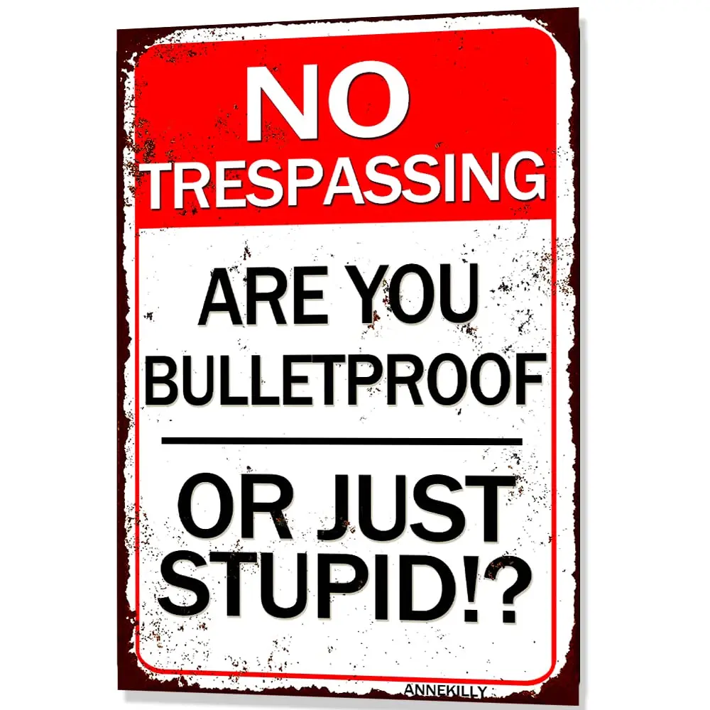 annekilly No Trespassing are You Bulletproof Or Just Stupid!? Vintage Metal Tin Sign Outdoor Home Kitchen Restaurant Wall Decor