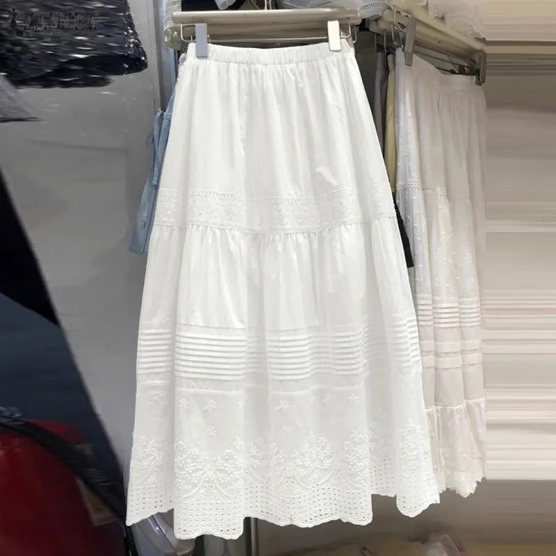 ZANZEA Women Long Skirts Fashion Elastic Waist Faldas Saia Solid Lace Maxi Skirts 2026 Spring Autumn Casual Elegant Jupes Femme