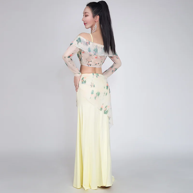 Traje de práctica de danza del vientre para mujer, ropa de actuación, Top + falda con estampado avanzado, conjunto de trajes de danza Oriental para adultos, 2025