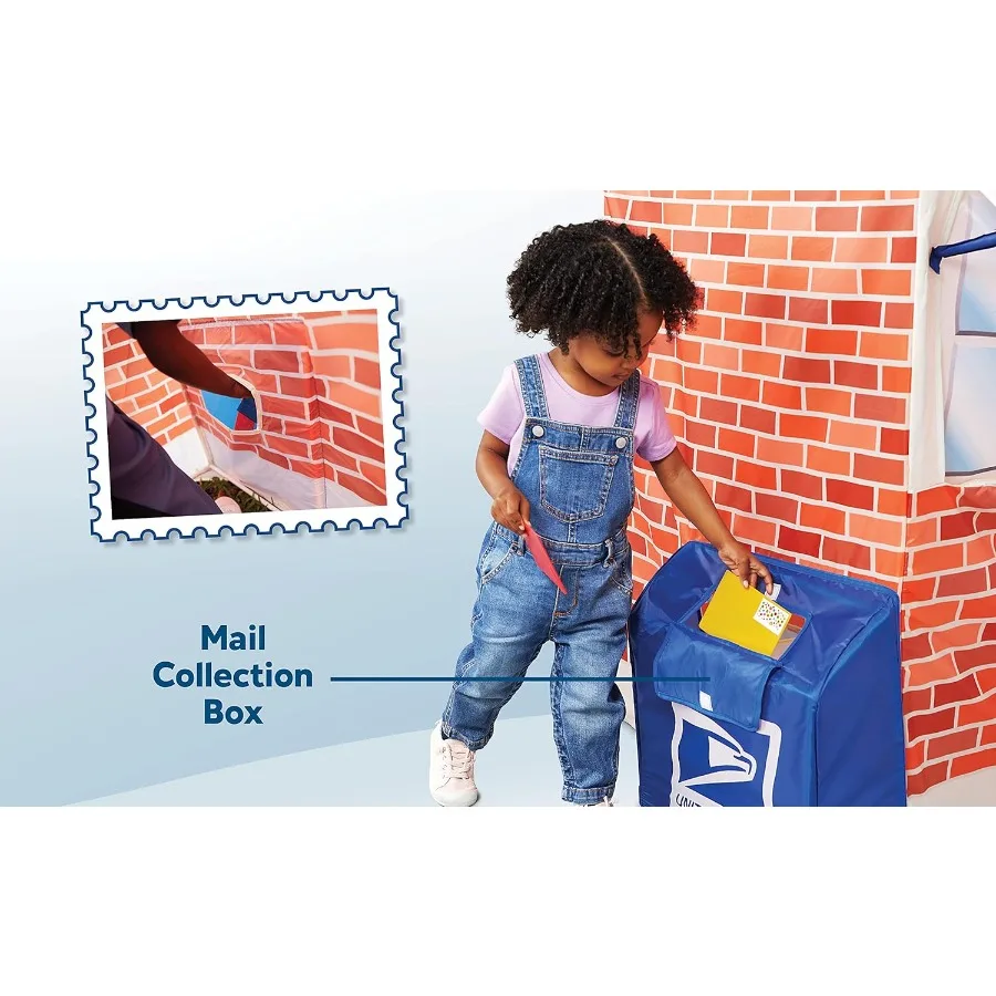키드 트랙스 USPS 플레이 텐트 (텐트 하우스용), 앞뒤 개방형 대형 우편함, 휴대용 케이스 포함 우편 트럭