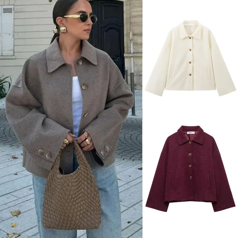 

Casual Solid Single Breasted Wool Jacket Women Chic Lapel Long Sleeve Pleated Pocket Loose Coats Autumn High Street Overcoat New