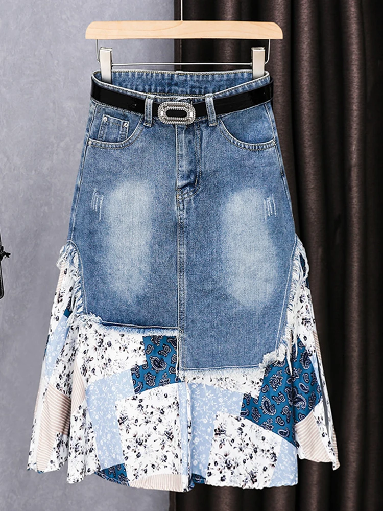 

Irregular high waisted spliced denim belt waist skirt 2025 new women's clothing summer fashion trend medium long skirt