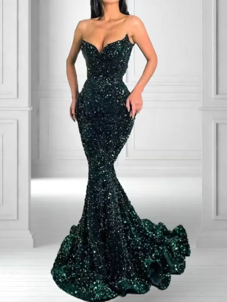 Customized Elegant Trumpet Slim Prom Dresses Sequined Sexy Strapless Party Wedding Dress Design Tempermanet Evening Robe Vestido